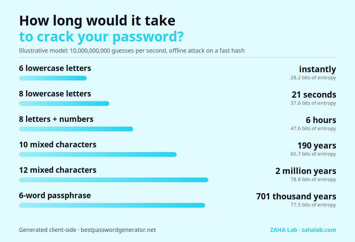 Chart: estimated time to crack passwords by pattern, from instantly for 6 lowercase letters to thousands of years for a 12-character mixed password or a 4-word passphrase